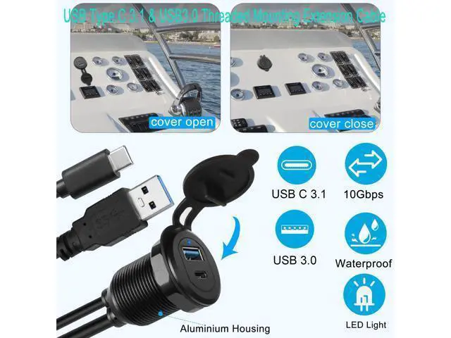 Alt view image 3 of 7 - Vszerda USB C3.1 & USB3.0 Embedded Car Waterproof Cable 10Gbps USB Type C 3.1 & USB3.0 Threaded Mounting Extension Cable, PD65W,Support 4K Video,LED,Al housing,for Dashboard car Boat Moto,2M/6.5ft