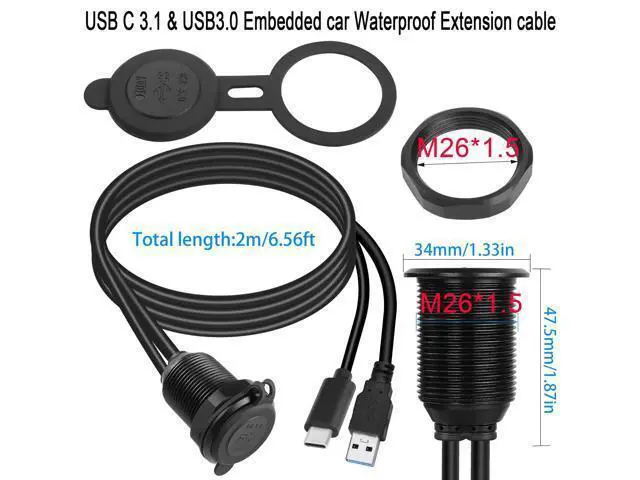 Alt view image 6 of 7 - Vszerda USB C3.1 & USB3.0 Embedded Car Waterproof Cable 10Gbps USB Type C 3.1 & USB3.0 Threaded Mounting Extension Cable, PD65W,Support 4K Video,LED,Al housing,for Dashboard car Boat Moto,2M/6.5ft