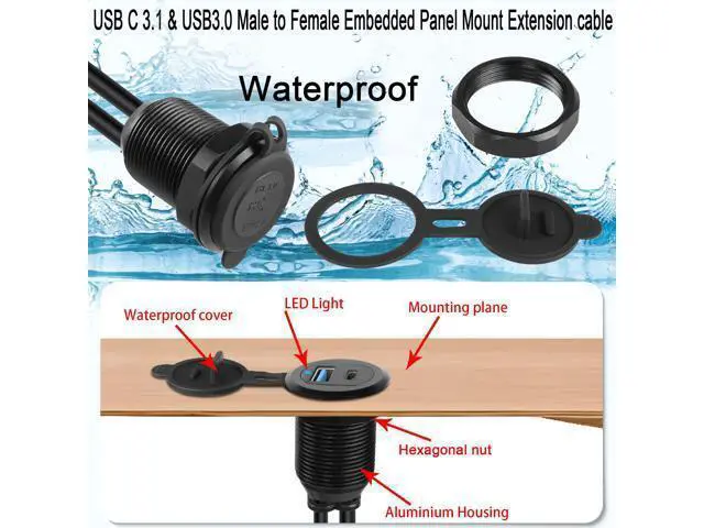 Alt view image 4 of 7 - Vszerda USB C3.1 & USB3.0 Embedded Car Waterproof Cable 10Gbps USB Type C 3.1 & USB3.0 Threaded Mounting Extension Cable, PD65W,Support 4K Video,LED,Al housing,for Dashboard car Boat Moto,2M/6.5ft