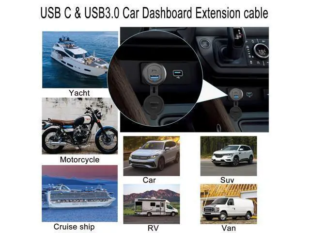 Alt view image 7 of 7 - Vszerda USB C3.1 & USB3.0 Embedded Car Waterproof Cable 10Gbps USB Type C 3.1 & USB3.0 Threaded Mounting Extension Cable, PD65W,Support 4K Video,LED,Al housing,for Dashboard car Boat Moto,2M/6.5ft