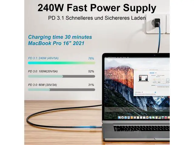 Alt view image 5 of 14 - Vszerda 240W for USB 4 Long Cable 6.6 ft, Support 8K@60Hz, 4K@144Hz 40Gbps/240W PD Charging Compatible with Thunderbolt 4/3 iPhone 15 Pro/15 Pro Max, MacBook Pro, Docking, eGPU, SSD, Surface Pro