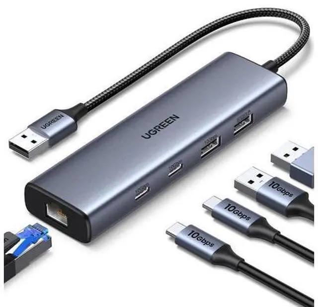 Main image of UGREEN USB to Ethernet Adapter, 5 in 1 USB Hub with Ethernet with 2* USB-C 3.2 (10Gbps) + 1*USB-A 3.2/1*USB-A 2.0/Gigabit RJ45, Network LAN Internet Dongle Compatible for Laptop, MacBook Pro/Air, XPS