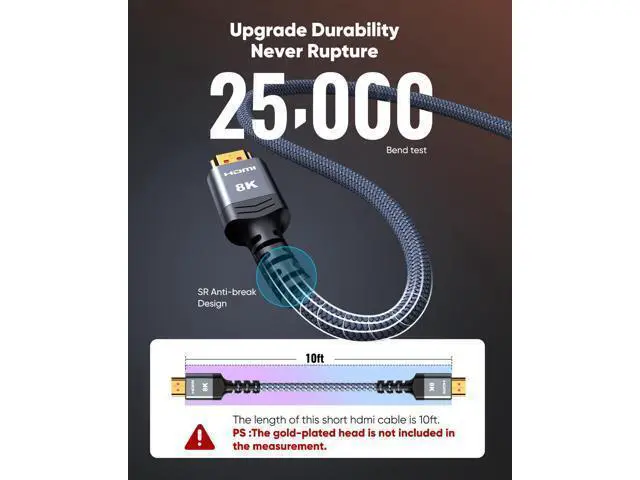 Alt view image 5 of 7 - Vszerda 8K@60 HDMI Cable 10FT/3M, 48Gbps 2.1 High Speed HDMI Braided Nylon 4K120 144Hz RTX 3090 eARC HDR10 4:4:4 HDCP 2.2&2.3 Compatible for PS5, PS4, UHD TV and PC