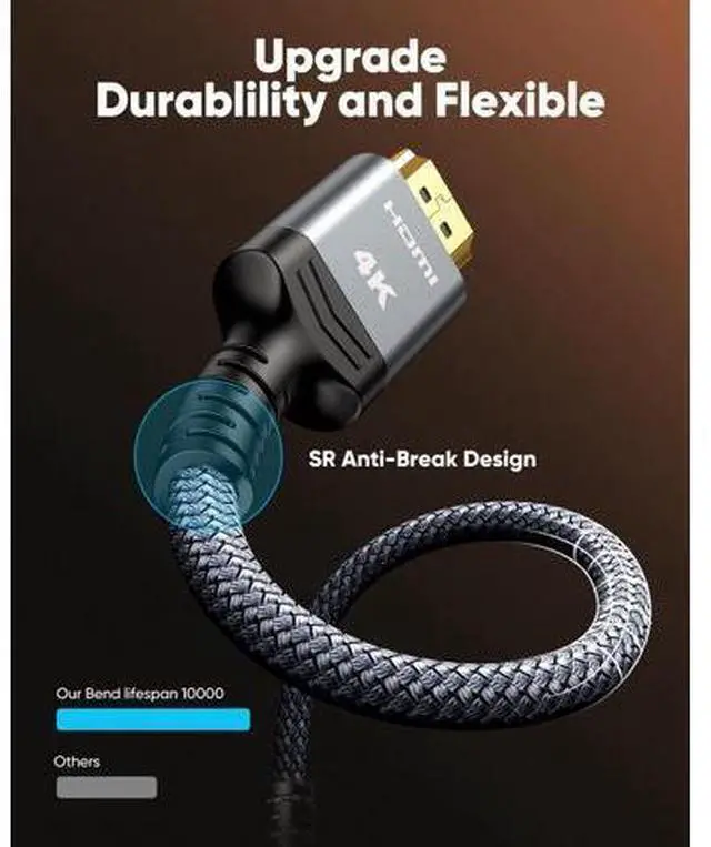 Alt view image 3 of 7 - Vszerda HDMI Cable 10 FT 4K@60Hz HDR Braided HDMI 2.0 Cord, High Speed with Ethernet/ARC, Ultra HD, 2K, 1080P, 3D, HDCP 2.2, Compatible for PS-5/4/ 3/ HDTV/Monitor/Projector/Streaming Media
