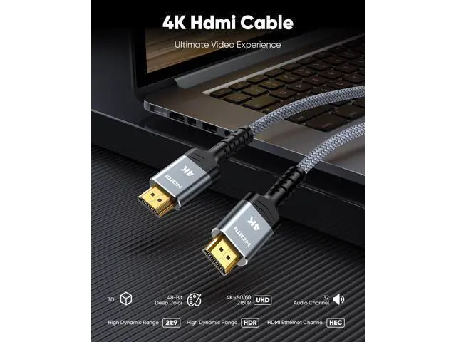 Alt view image 4 of 7 - Vszerda HDMI Cable 10 FT 4K@60Hz HDR Braided HDMI 2.0 Cord, High Speed with Ethernet/ARC, Ultra HD, 2K, 1080P, 3D, HDCP 2.2, Compatible for PS-5/4/ 3/ HDTV/Monitor/Projector/Streaming Media
