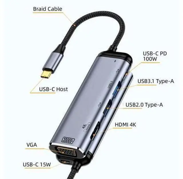 Alt view image 2 of 14 - Vszerda Type C USB3.1 USB-C to HDMI VGA Dual USB 3.0 HUB Converter HDTV Multiport Adapter 4K 60hz 1080p with Female PD 100W Power Port