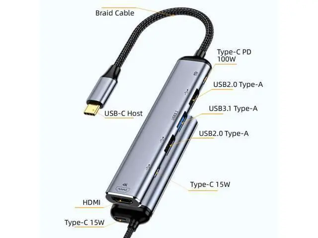 Alt view image 2 of 7 - Vszerda Type C USB3.1 USB-C to HDMI 4K Dual USB 3.0 HUB Converter HDTV Multiport Adapter 60hz with Female 100W PD Power Port