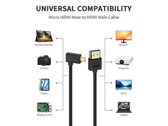 Alt view image 3 of 7 - Vszerda Short Micro HDMI to HDMI Cable 1ft, 90 Degree Left Angle, 48Gbps, 8K@60Hz, 4K@120Hz, Ultra Slim & Flexible, Compatible with Camera, Camcorder, Tablet, Monitor, HDTV