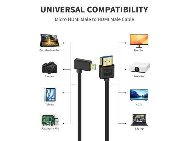 Alt view image 3 of 7 - Vszerda Micro HDMI to HDMI Cable 1ft, 48Gbps, 8K@60Hz, 4K@120Hz, Right Angle 90 Degree, Ultra Thin & Short & Flexible, Compatible with Camera, Camcorder, Tablet, Monitor, HDTV
