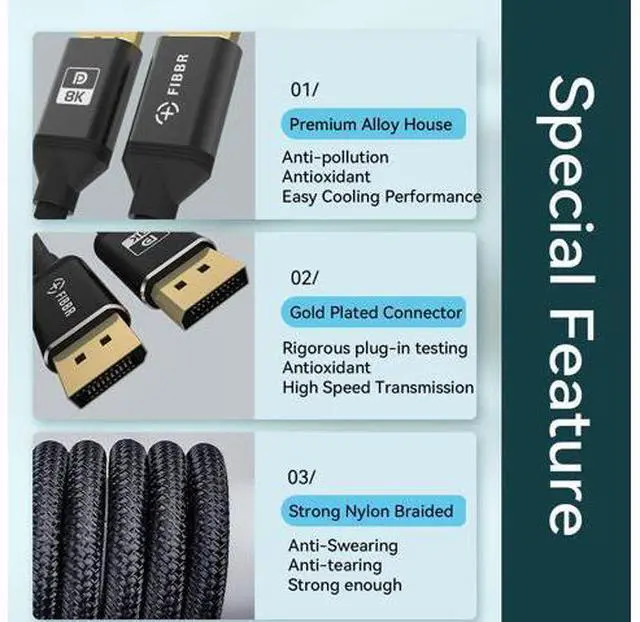 Alt view image 3 of 7 - FIBBR Certified DisplayPort 1.4 Cable 6.6ft/2M, SuperSpeed DP 1.4 Cable 32.4Gbps Video DisplayPort Support 8K@60Hz, 4K@165Hz,2K@240Hz, HDR, HDCP2.2, ARC DP to DP for Gaming Monitor
