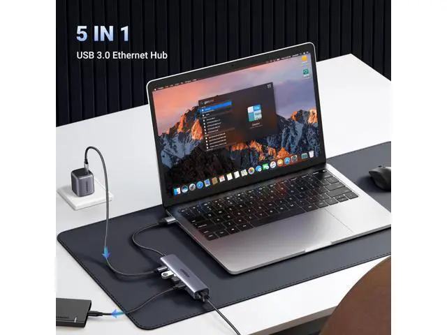 Alt view image 2 of 7 - UGREEN USB to Ethernet Adapter, 5 in 1 USB Hub with Ethernet, Plug and Play, Multiport Network Adapter with 3 USB 3.0 Port, Gigabit RJ45, USB-C Power Port Compatible for Laptop MacBook XPS Windows 11