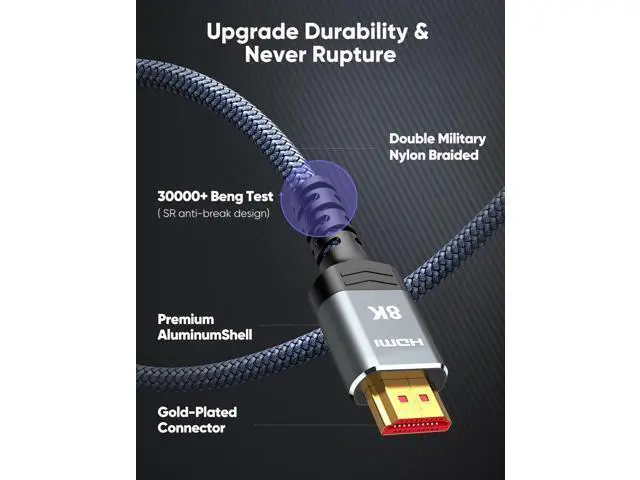 Alt view image 5 of 7 - Vszerda 8K HDMI 2.1 Cable 2-Pack 6.6FT, Certified 48Gbps Ultra High Speed Slim HDMI Cord,Support 4K@120Hz 8K@60Hz, HDCP 2.2&2.3, Dynamic HDR,eARC,DTS:X, Compatible with Roku TV/HDTV/PS5/Blu-ray