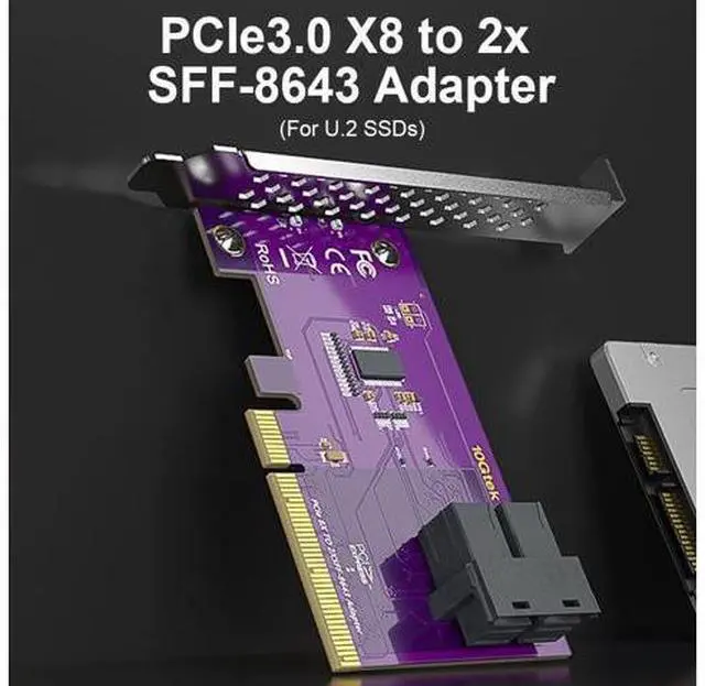 Alt view image 2 of 6 - Vszerda PCIe 3.0 x8 to Dual SFF-8643 U.2 NVMe Adapter, Bifurcation Required for (2) U.2 SSDs, Supports Windows/Linux/ESXi, RAID/Server/Storage Upgrade