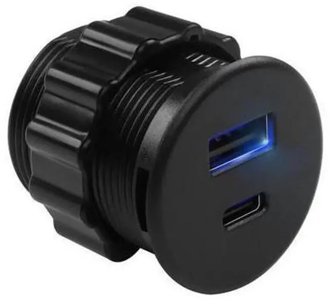 Main image of Vszerda 2 Port USB C & USB Threaded Fixed Fast Charging Adapter 15W USB C + USB A Embedded Mount Round Connector Socket 5V/3.1A,LED Light, Mount on Furniture Desktop, Black (only for USB Charge)