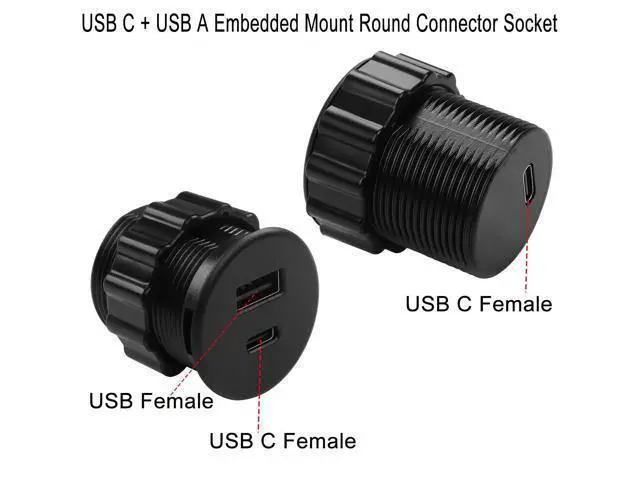 Alt view image 2 of 7 - Vszerda 2 Port USB C & USB Threaded Fixed Fast Charging Adapter 15W USB C + USB A Embedded Mount Round Connector Socket 5V/3.1A,LED Light, Mount on Furniture Desktop, Black (only for USB Charge)