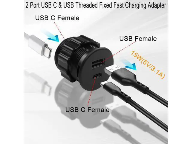 Alt view image 3 of 7 - Vszerda 2 Port USB C & USB Threaded Fixed Fast Charging Adapter 15W USB C + USB A Embedded Mount Round Connector Socket 5V/3.1A,LED Light, Mount on Furniture Desktop, Black (only for USB Charge)
