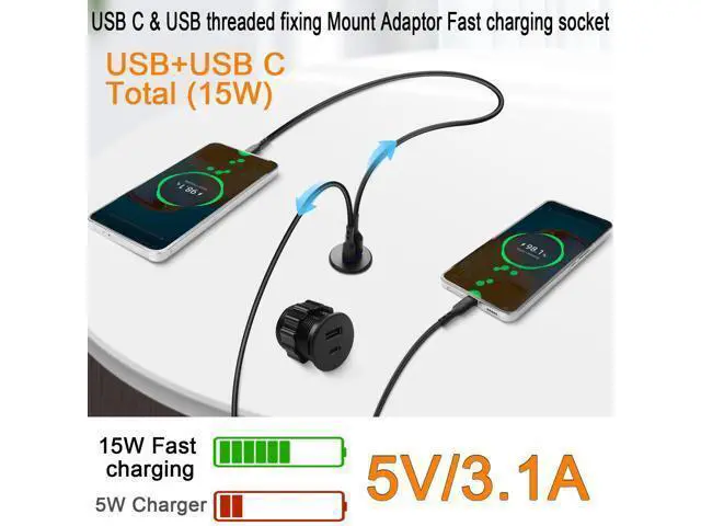 Alt view image 4 of 7 - Vszerda 2 Port USB C & USB Threaded Fixed Fast Charging Adapter 15W USB C + USB A Embedded Mount Round Connector Socket 5V/3.1A,LED Light, Mount on Furniture Desktop, Black (only for USB Charge)