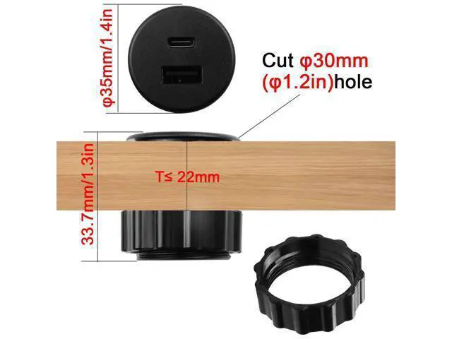 Alt view image 5 of 7 - Vszerda 2 Port USB C & USB Threaded Fixed Fast Charging Adapter 15W USB C + USB A Embedded Mount Round Connector Socket 5V/3.1A,LED Light, Mount on Furniture Desktop, Black (only for USB Charge)