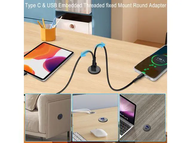 Alt view image 6 of 7 - Vszerda 2 Port USB C & USB Threaded Fixed Fast Charging Adapter 15W USB C + USB A Embedded Mount Round Connector Socket 5V/3.1A,LED Light, Mount on Furniture Desktop, Black (only for USB Charge)