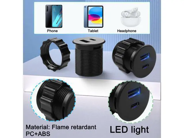 Alt view image 7 of 7 - Vszerda 2 Port USB C & USB Threaded Fixed Fast Charging Adapter 15W USB C + USB A Embedded Mount Round Connector Socket 5V/3.1A,LED Light, Mount on Furniture Desktop, Black (only for USB Charge)