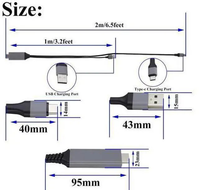 Alt view image 2 of 7 - 2 in 1 MHL USB Type C 3.1 Male & USB 2.0 A Male to HDMI Male 4K@30Hz HDTV Mirroring Video Audio Output Charging Cable Compatible with Android, MacBook, iPad, Thunderbolt 3(2m/Black-USB C)