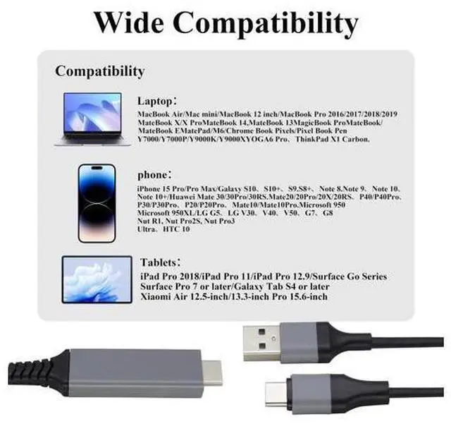 Alt view image 6 of 7 - 2 in 1 MHL USB Type C 3.1 Male & USB 2.0 A Male to HDMI Male 4K@30Hz HDTV Mirroring Video Audio Output Charging Cable Compatible with Android, MacBook, iPad, Thunderbolt 3(2m/Black-USB C)