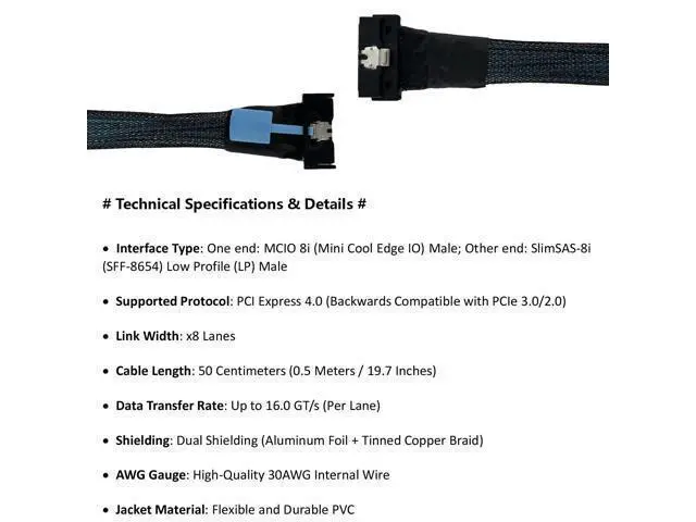 Alt view image 4 of 6 - Vszerda MCIO 8i to SlimSAS LP (Low Profile) 8i PCIe 4.0 Cable, 74Pin MCIO to LP SlimSAS 8X Adapter Cable, Compatible with Server, Storage Backplane, HBA RAID Card, Workstation (50cm)