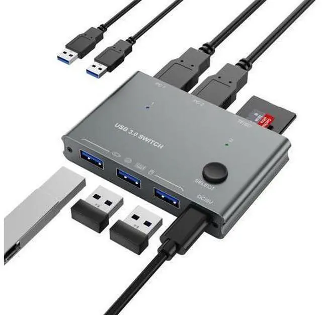 Main image of USB 3.0 Switch 2 Computers Share 3 USB 3.0 Devices with TF Card Reading Function, USB Switcher Selector for PC Laptop Keyboard Mouse Webcam USB-Microphone, with 2 USB A to A Cables
