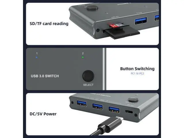 Alt view image 5 of 7 - USB 3.0 Switch 2 Computers Share 3 USB 3.0 Devices with TF Card Reading Function, USB Switcher Selector for PC Laptop Keyboard Mouse Webcam USB-Microphone, with 2 USB A to A Cables