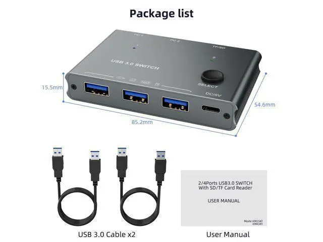 Alt view image 7 of 7 - USB 3.0 Switch 2 Computers Share 3 USB 3.0 Devices with TF Card Reading Function, USB Switcher Selector for PC Laptop Keyboard Mouse Webcam USB-Microphone, with 2 USB A to A Cables