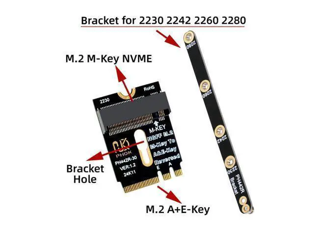 Alt view image 3 of 7 - Vszerda 2230 A+E-Key Male to NVME M-Key Female Extension PCI-E 4.0 Adapter with Bracket for Laptop Mainboard SSD 2280