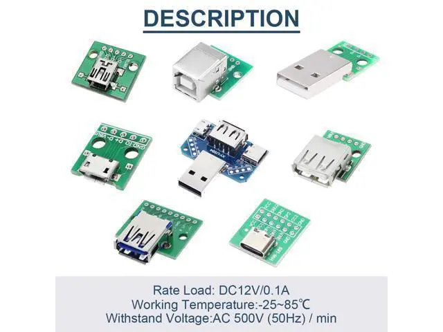Alt view image 2 of 7 - Vszerda 8 Pcs USB to DIP Adapter 2.54mm Type-C / Type-B / 2.0 / 2.0 Male / 3.0 / Micro / Mini / 4 in 1 to DIP Converter Breakout Board With Pin Header