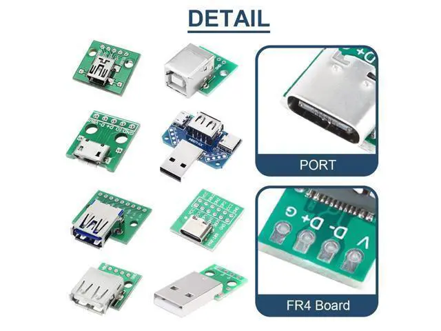 Alt view image 3 of 7 - Vszerda 8 Pcs USB to DIP Adapter 2.54mm Type-C / Type-B / 2.0 / 2.0 Male / 3.0 / Micro / Mini / 4 in 1 to DIP Converter Breakout Board With Pin Header