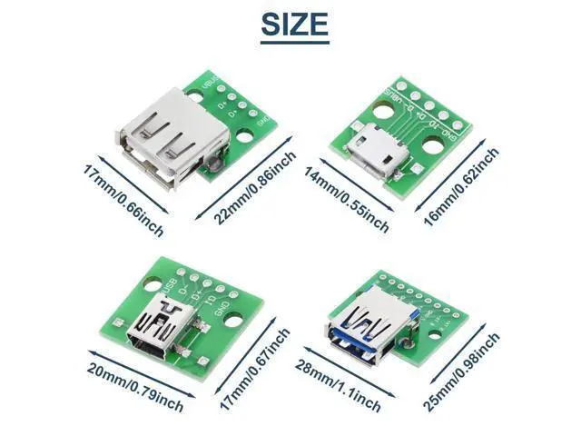 Alt view image 4 of 7 - Vszerda 8 Pcs USB to DIP Adapter 2.54mm Type-C / Type-B / 2.0 / 2.0 Male / 3.0 / Micro / Mini / 4 in 1 to DIP Converter Breakout Board With Pin Header