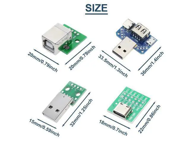 Alt view image 5 of 7 - Vszerda 8 Pcs USB to DIP Adapter 2.54mm Type-C / Type-B / 2.0 / 2.0 Male / 3.0 / Micro / Mini / 4 in 1 to DIP Converter Breakout Board With Pin Header