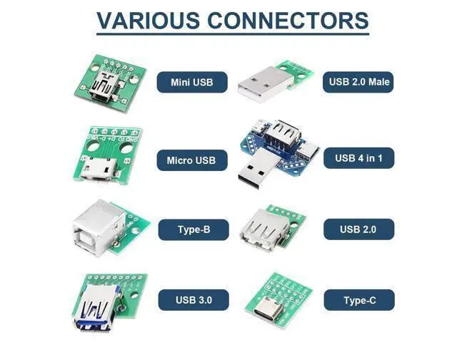 Alt view image 6 of 7 - Vszerda 8 Pcs USB to DIP Adapter 2.54mm Type-C / Type-B / 2.0 / 2.0 Male / 3.0 / Micro / Mini / 4 in 1 to DIP Converter Breakout Board With Pin Header