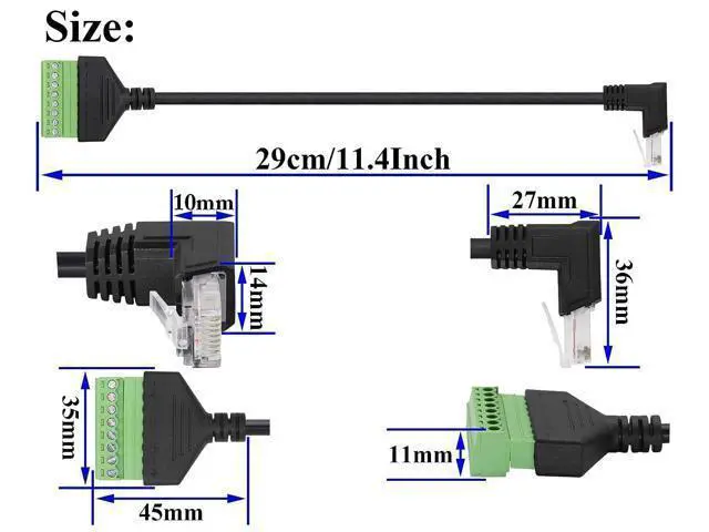 Alt view image 2 of 7 - Vszerda 90 Degree Cat 5 Ethernet Screw Terminal Cable (Down Bend) RJ45 Male to 8-Pin Screw Terminal Extender 8P 8C Crystal to 8-Position Terminal Straight Through Network Extender(2 Pack/30cm/Down)