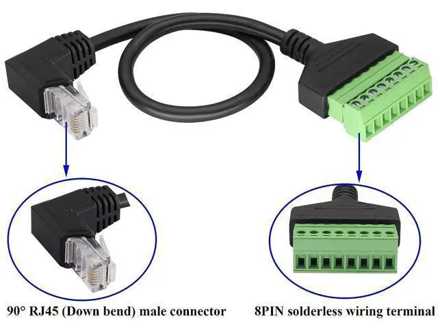 Alt view image 3 of 7 - Vszerda 90 Degree Cat 5 Ethernet Screw Terminal Cable (Down Bend) RJ45 Male to 8-Pin Screw Terminal Extender 8P 8C Crystal to 8-Position Terminal Straight Through Network Extender(2 Pack/30cm/Down)