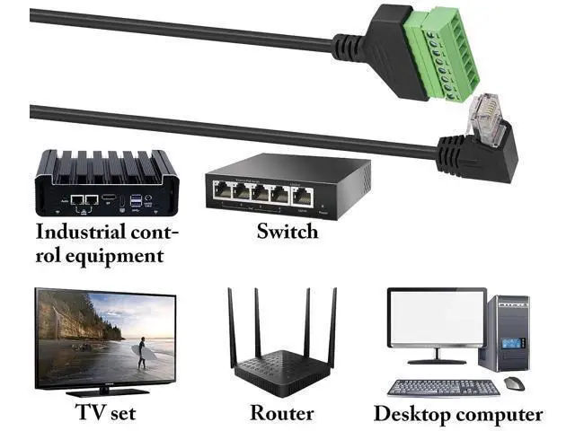 Alt view image 7 of 7 - Vszerda 90 Degree Cat 5 Ethernet Screw Terminal Cable (Down Bend) RJ45 Male to 8-Pin Screw Terminal Extender 8P 8C Crystal to 8-Position Terminal Straight Through Network Extender(2 Pack/30cm/Down)