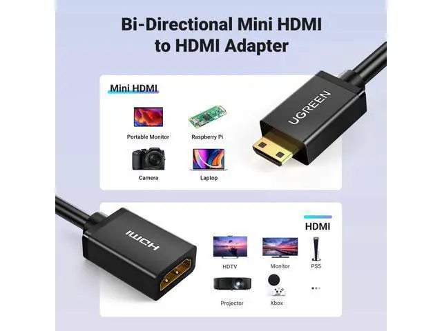 Alt view image 7 of 7 - UGREEN Mini HDMI to HDMI Adapter 4K 60Hz Male to Female Adapter Compatible with Raspberry Pi, Portable Monitors, DSLR Cameras, Camcorders, Laptops, Projectors, Tablets Graphics Cards 0.6FT (Pack of 2)