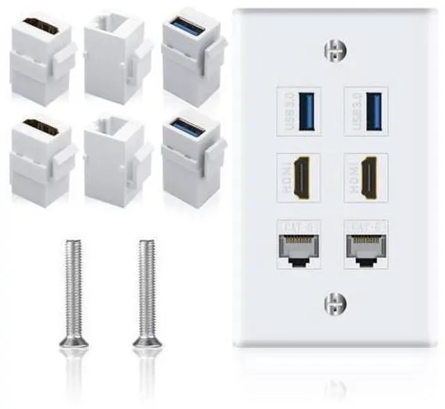 Main image of Vszerda Keystone Wall Plate 6Port for Ethernet HDMI USB Outlet, 2x HDMI + 2x Cat6 RJ45 Ethernet + 2x USB 3.0 Type Female to Female Keystone Face Plate for Cable Wall Plate Cover, White
