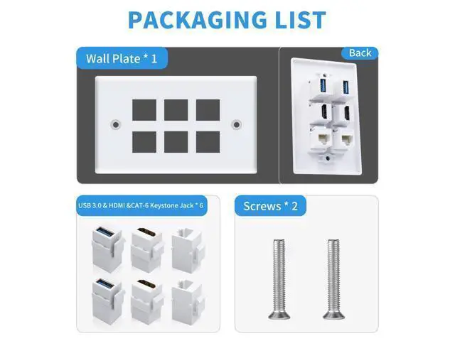 Alt view image 2 of 7 - Vszerda Keystone Wall Plate 6Port for Ethernet HDMI USB Outlet, 2x HDMI + 2x Cat6 RJ45 Ethernet + 2x USB 3.0 Type Female to Female Keystone Face Plate for Cable Wall Plate Cover, White