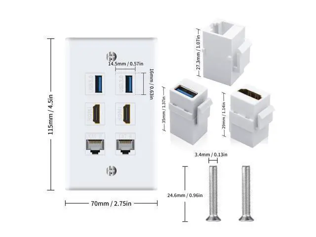 Alt view image 5 of 7 - Vszerda Keystone Wall Plate 6Port for Ethernet HDMI USB Outlet, 2x HDMI + 2x Cat6 RJ45 Ethernet + 2x USB 3.0 Type Female to Female Keystone Face Plate for Cable Wall Plate Cover, White