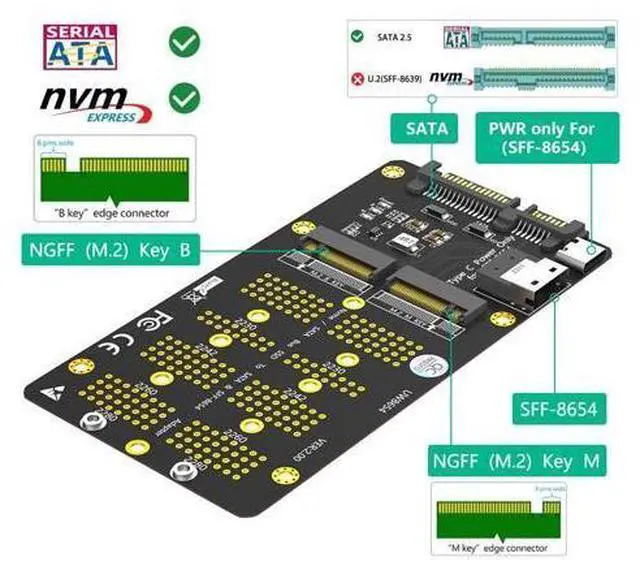 Alt view image 3 of 7 - Vszerda 2in1 Combo M.2 NVMe SSD to SFF-8654 Slimline SAS(PCIe),NGFF to SATA Adapter Card (Not Support NVEM SSD to SATA)