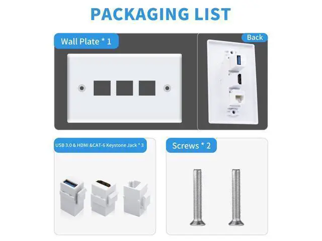 Alt view image 2 of 7 - Vszerda HDMI RJ45 Wall Plate, 3Port HDMI USB Outlet Wall Plate, 1 x HDMI Female to Female Jack + 1 x Cat6 RJ45 Ethernet + 1 x USB 3.0 Jack Support Keystone Wall Plate for Face Plate, White
