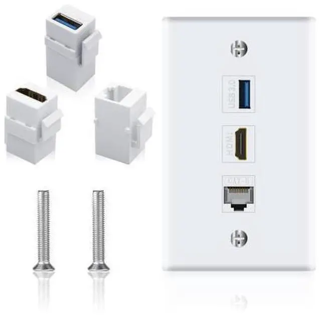 Main image of Vszerda HDMI RJ45 Wall Plate, 3Port HDMI USB Outlet Wall Plate, 1 x HDMI Female to Female Jack + 1 x Cat6 RJ45 Ethernet + 1 x USB 3.0 Jack Support Keystone Wall Plate for Face Plate, White