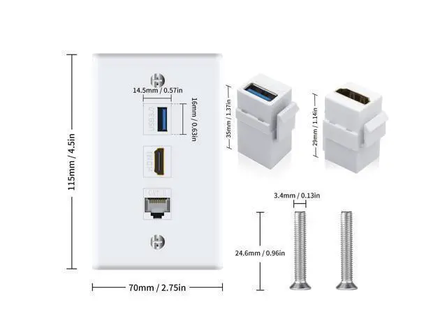 Alt view image 5 of 7 - Vszerda HDMI RJ45 Wall Plate, 3Port HDMI USB Outlet Wall Plate, 1 x HDMI Female to Female Jack + 1 x Cat6 RJ45 Ethernet + 1 x USB 3.0 Jack Support Keystone Wall Plate for Face Plate, White