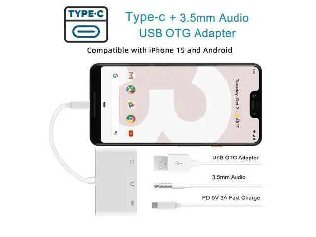 Alt view image 3 of 7 - Vszerda USB C Hub Type C to 3.5mm Audio AUX & Type-A USB2.0 OTG Female with PD Power Charge Adapter 3 in 1 USB Extender Compatible with Laptop Tablet Phone