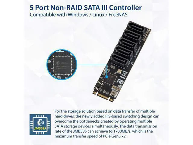 Alt view image 3 of 5 - Vszerda Internal 5 Port Non-RAID SATA III 6GB/s M.2 B+M Key Adapter Card for Desktop PC Support SSD and HDD. JMB585 Chipset