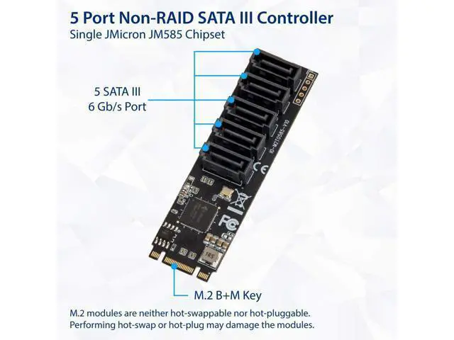 Alt view image 2 of 5 - Vszerda Internal 5 Port Non-RAID SATA III 6GB/s M.2 B+M Key Adapter Card for Desktop PC Support SSD and HDD. JMB585 Chipset